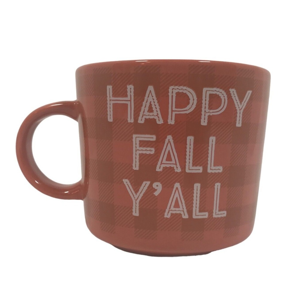 Holiday Home Happy Fall Yall Orange Plaid Stoneware Novelty Mug 16 oz Harvest